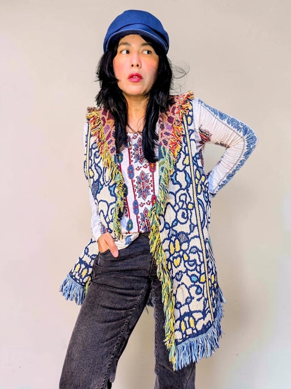 It's in the bag VTG 90s USA made fairy boho tapestry weaved fringe retro vest OS